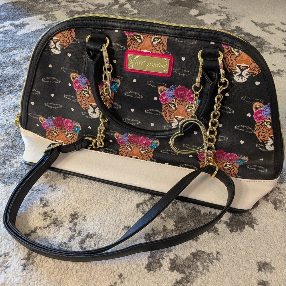Betsey Johnson Leopard Floral Crown Dome Satchel Black‎ Cream Heart Charm Bag